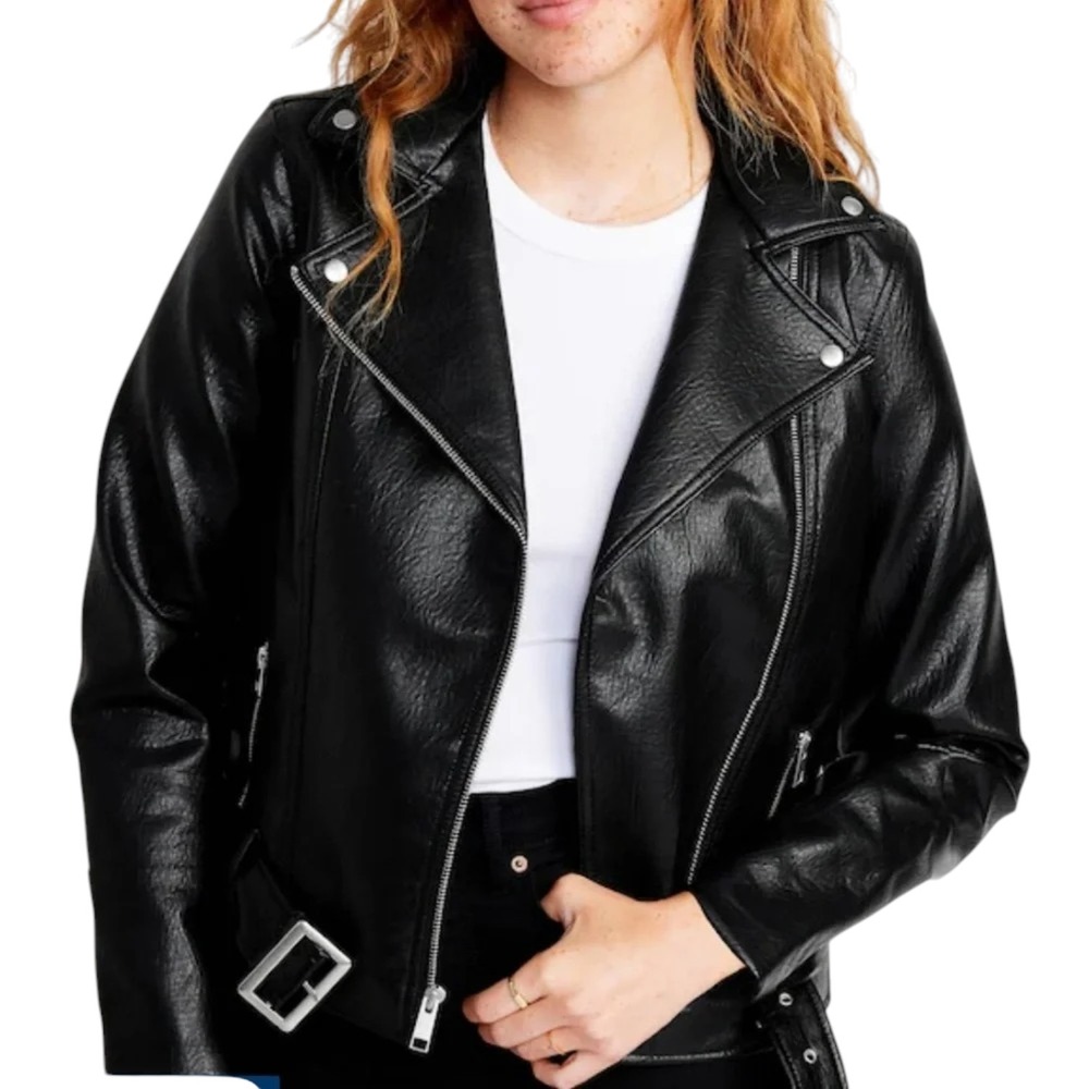 Old Navy Moto Jacket Women Large Black Faux Leather Belted Biker Rocker Moto NEW